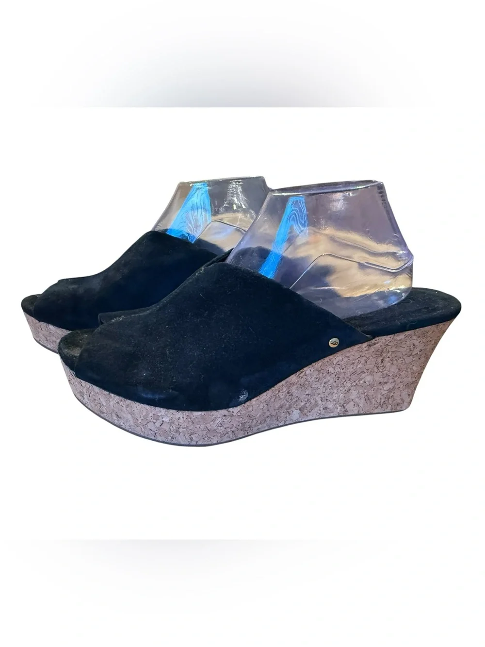 Ugg Women’s Size 12 Black Suede Cork 3” Wedge Slide Sandals